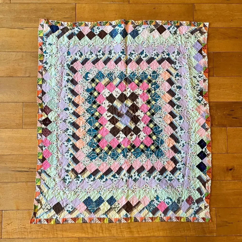 Handmade Vtg Patchwork Quilt 39x33 Diamond Pattern Baby Blanket Multicolor Throw